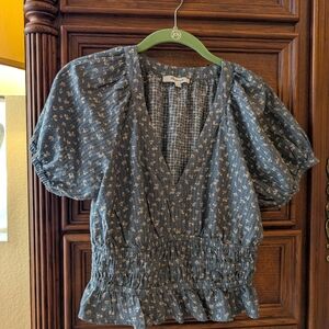 Madewell Blue Puff Sleeve Smocked Blouse